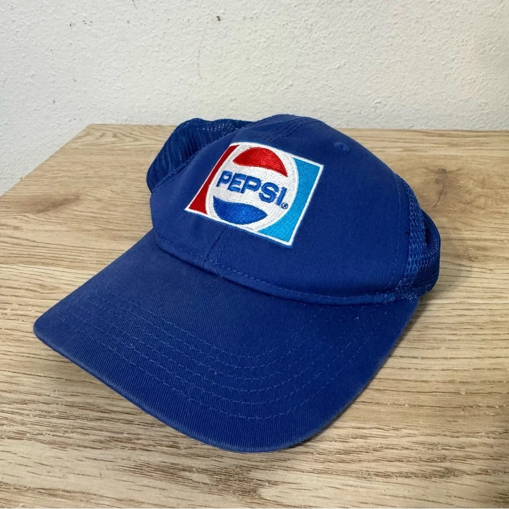 Pepsi Blue Vintage Embroidered‎ Trucker Hat Paramount Apparel Squished Front